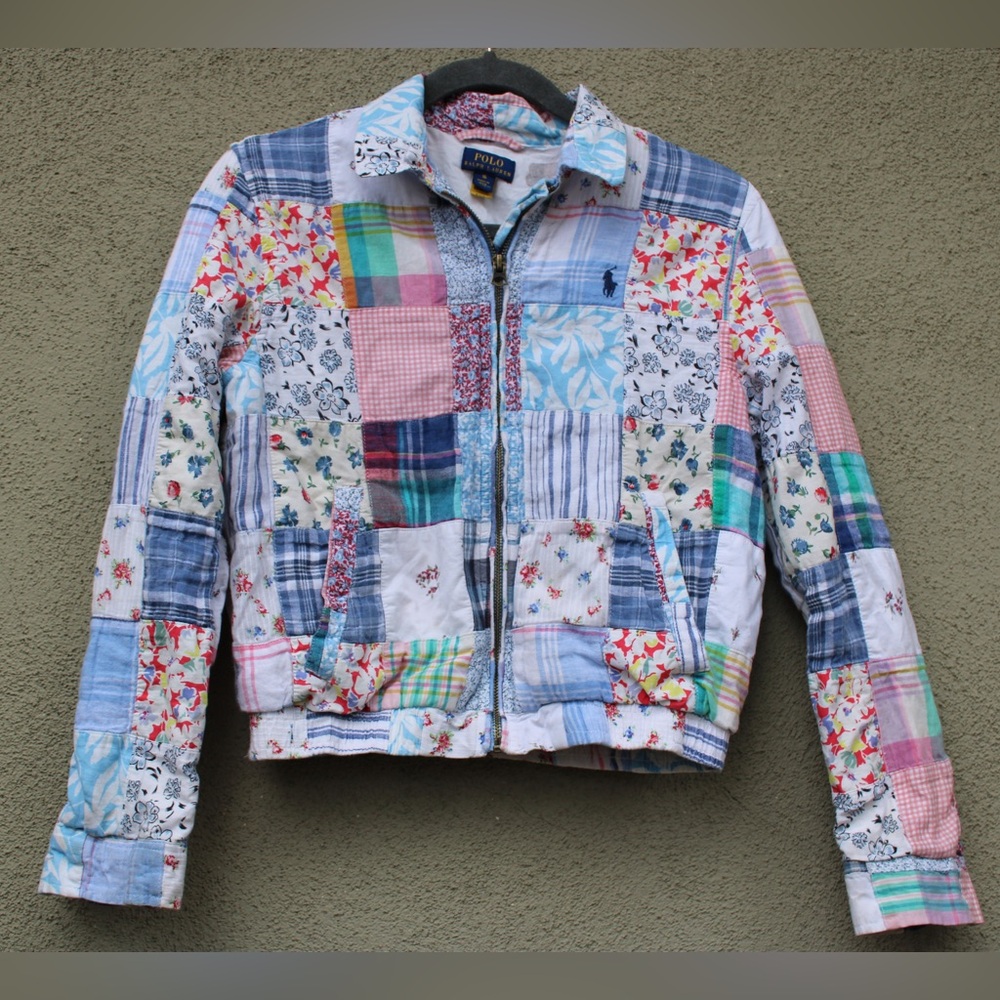 Polo Ralph Lauren Girls Retro Patchwork Madras Floral Full Zip Jacket Size 16